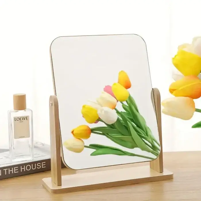 Rotating Wooden Makeup Mirror with Desktop Stand - Image 1